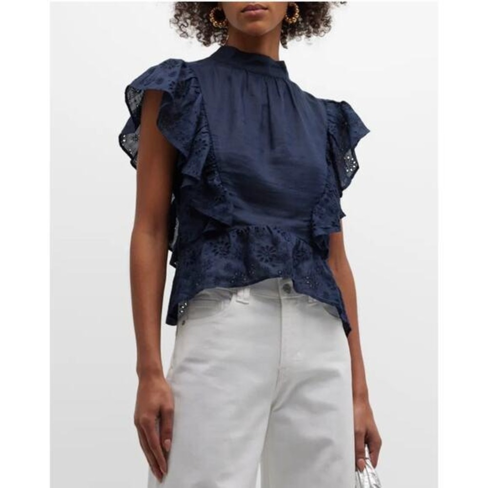 Frame Denim Sheer Ramie Eyelet Navy Blue Flutter Sleeve‎ Boho Mock Neck Top